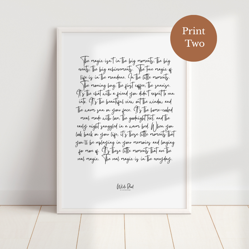 Framed print with a quote  on a white wall.